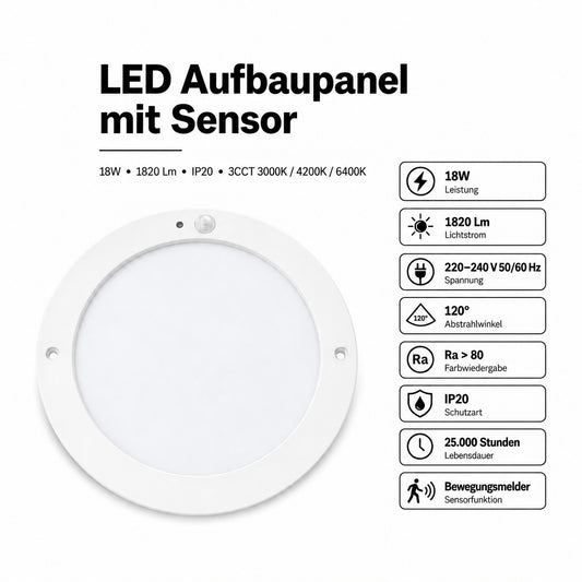 LED Deckenleuchte Rund 18W mit Bewegungsmelder CCT – 1820 Lumen, 3000K/4200K/6400K, IP20