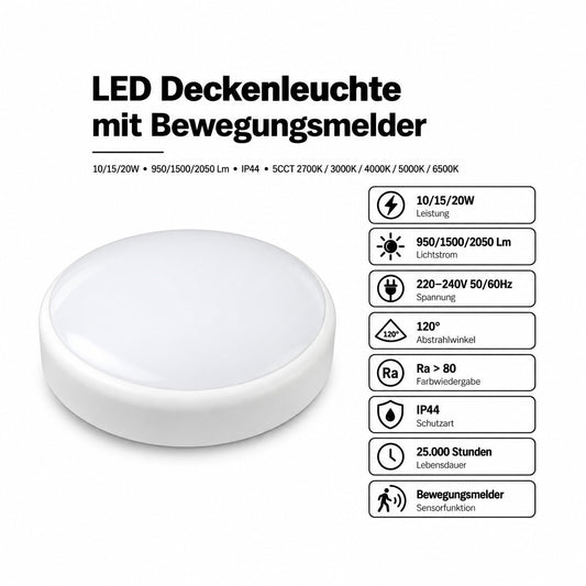LED Deckenleuchte 10/15/20W – Bewegungsmelder, 5CCT, IP44.