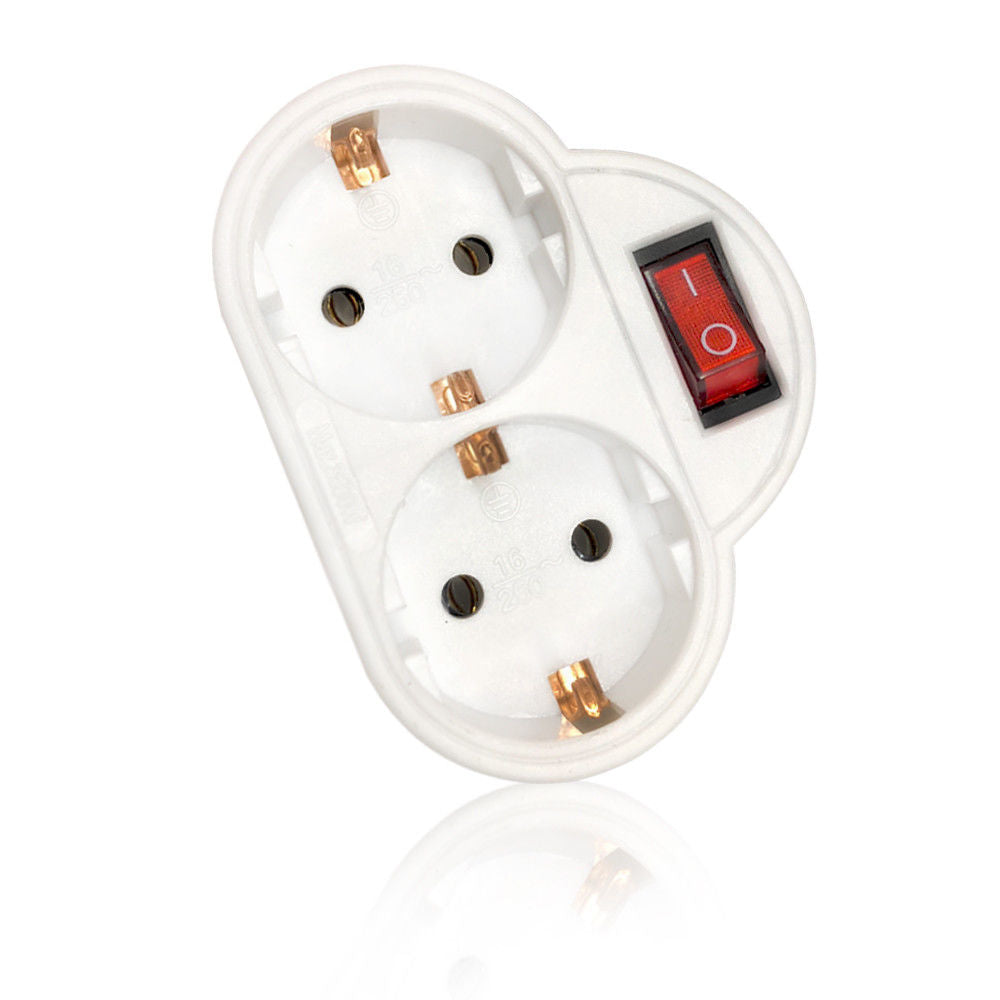 Schuko Doppelstecker mit Schalter, 2 Fach Stecker, Mehrfachstecker
