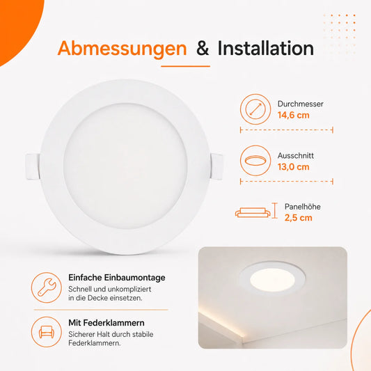 LED Einbaupanel Rund 9W CCT – 820 Lumen, Ø 14,6 cm 3000K/4000K/6500K IP20.