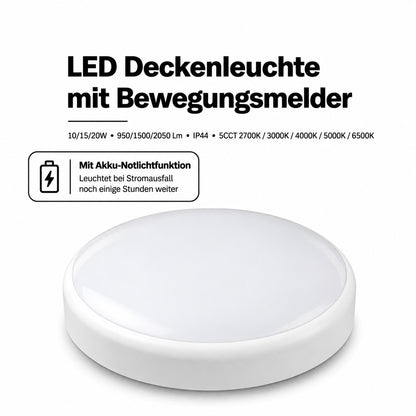 LED Deckenleuchte 10/15/20W – Bewegungsmelder, Akku-Notlicht, 5CCT, IP44.