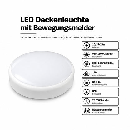 LED Deckenleuchte 10/15/20W – Bewegungsmelder, 5CCT, IP44.