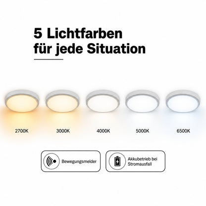 LED Deckenleuchte 10/15/20W – Bewegungsmelder, Akku-Notlicht, 5CCT, IP44.