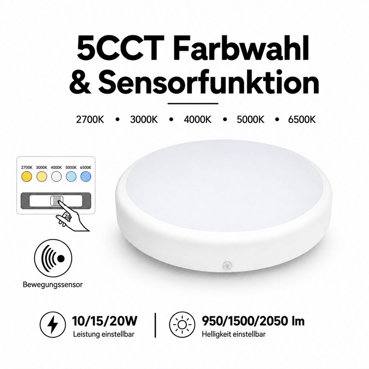 LED Deckenleuchte 10/15/20W – Bewegungsmelder, 5CCT, IP44.