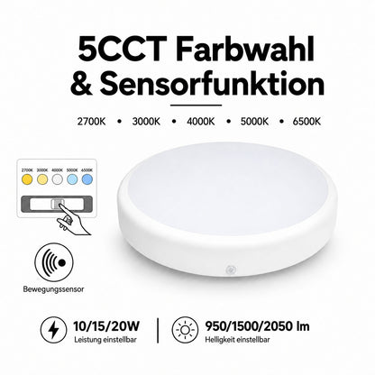 LED Deckenleuchte 10/15/20W – Bewegungsmelder, 5CCT, IP44.