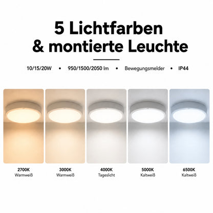 LED Deckenleuchte 10/15/20W – Bewegungsmelder, 5CCT, IP44.