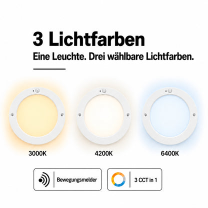 LED Deckenleuchte Rund 18W mit Bewegungsmelder CCT – 1820 Lumen, 3000K/4200K/6400K, IP20