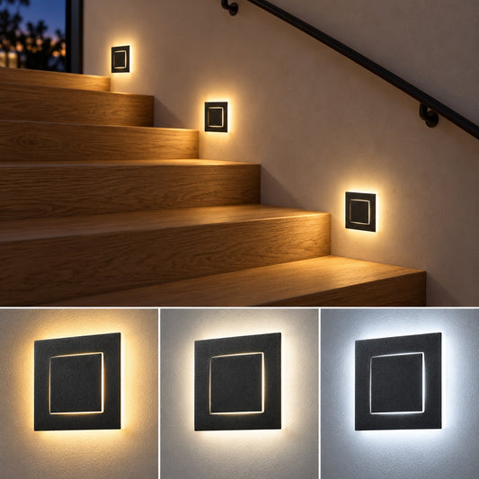 LED Treppenbeleuchtung 230V Schwarz – Quadratisch, 360° Wandeinbauleuchte, 3000K/4200K/6000K