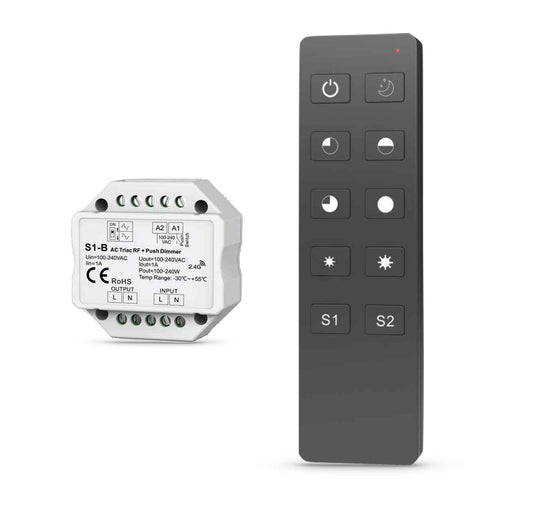 Funk-Dimmer für 230V LEDs – 240W, Fernbedienung, Memoryfunktion, Reichweite 30m, stufenlos dimmbar