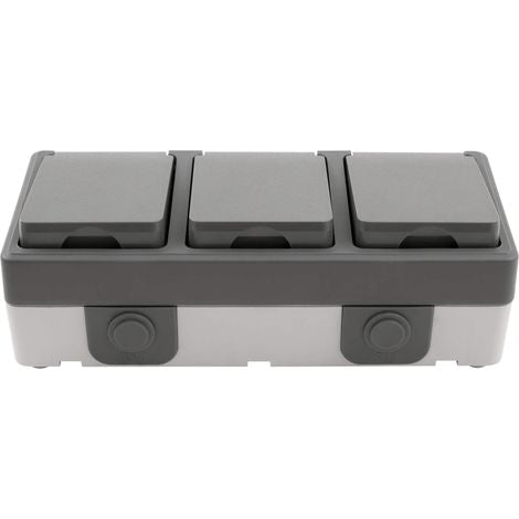 Feuchtraum Dreifachsteckdose Aufputz IP44 – Grau 250V / 16A.