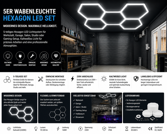5-teiliges Hexagon-LED-Licht – leistungsstarke Beleuchtung für Werkstatt Garage.