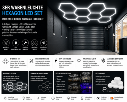 LED Hexagon 8 Waben 265W – 30.888 Lumen Garagenbeleuchtung.