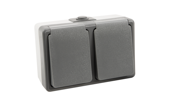 Feuchtraum Doppelsteckdose Aufputz IP44 – Grau 250V / 16A.