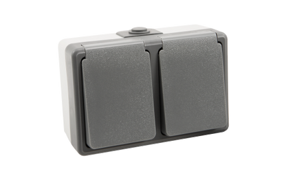 Feuchtraum Doppelsteckdose Aufputz IP44 – Grau 250V / 16A.