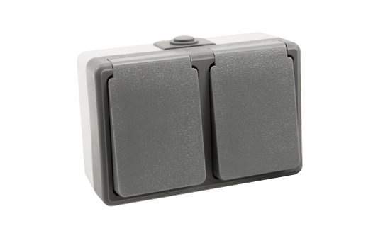 Feuchtraum Doppelsteckdose Aufputz IP44 – Grau 250V / 16A.