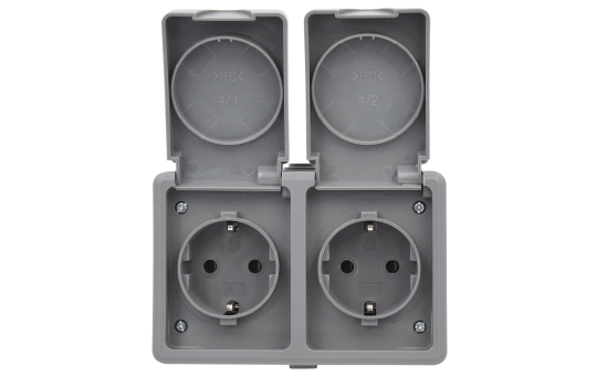 Feuchtraum Doppelsteckdose Aufputz IP44 – Grau 250V / 16A.