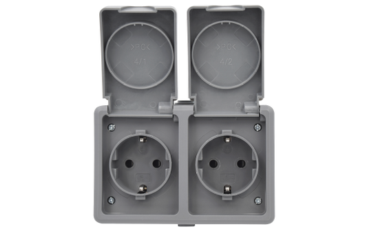 Feuchtraum Doppelsteckdose Aufputz IP44 – Grau 250V / 16A.
