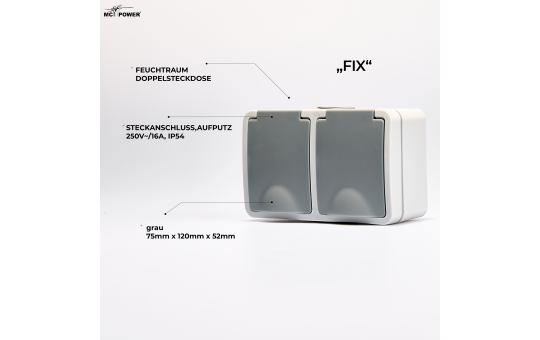 Feuchtraum Doppelsteckdose Aufputz IP44 – Grau 250V / 16A.