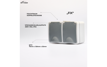 Feuchtraum Doppelsteckdose Aufputz IP44 – Grau 250V / 16A.