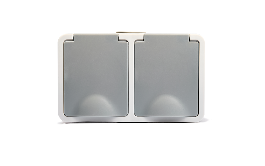 Feuchtraum Doppelsteckdose Aufputz IP44 – Grau 250V / 16A.