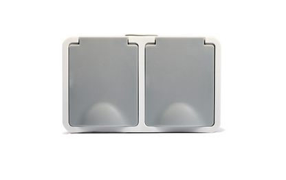 Feuchtraum Doppelsteckdose Aufputz IP44 – Grau 250V / 16A.