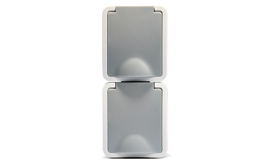Feuchtraum Doppelsteckdose Aufputz vertikal IP44 – Grau 250V / 16A.