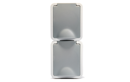 Feuchtraum Doppelsteckdose Aufputz vertikal IP44 – Grau 250V / 16A.