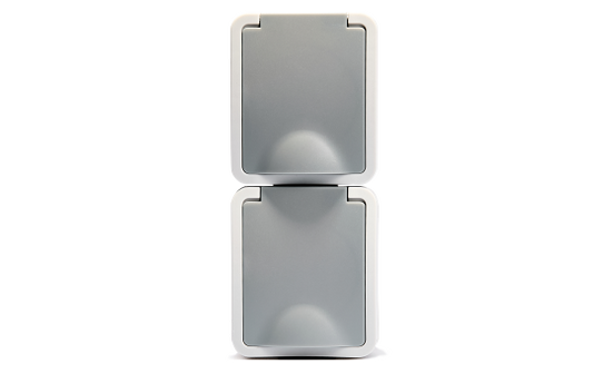Feuchtraum Doppelsteckdose Aufputz vertikal IP44 – Grau 250V / 16A.