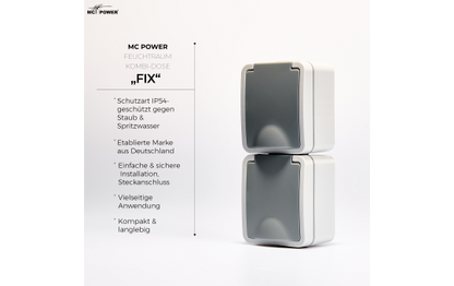 Feuchtraum Doppelsteckdose Aufputz vertikal IP44 – Grau 250V / 16A.