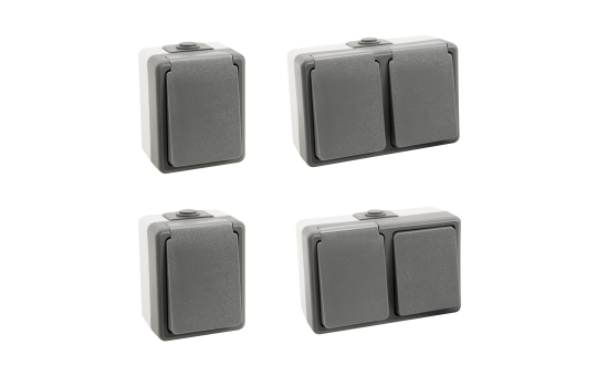 Feuchtraum Aufputz-Set Secure IP44 – 4-teilig Schalter & Steckdosen Grau.