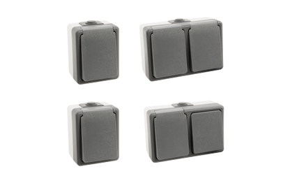 Feuchtraum Aufputz-Set Secure IP44 – 4-teilig Schalter & Steckdosen Grau.