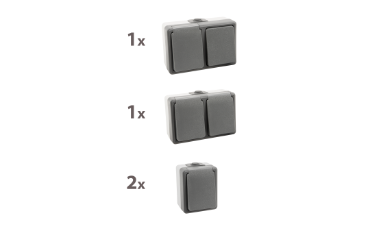 Feuchtraum Aufputz-Set Secure IP44 – 4-teilig Schalter & Steckdosen Grau.