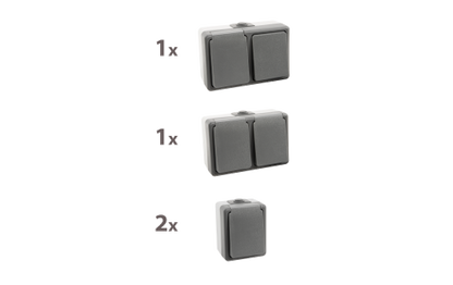 Feuchtraum Aufputz-Set Secure IP44 – 4-teilig Schalter & Steckdosen Grau.