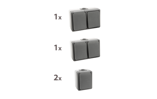 Feuchtraum Aufputz-Set Secure IP44 – 4-teilig Schalter & Steckdosen Grau.