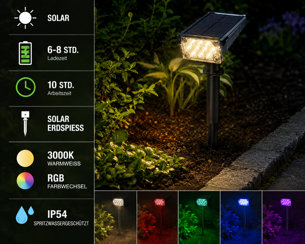 Solar Gartenleuchte mit Erdspieß 1,5W RGB + 3000K Warmweiß IP65.