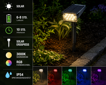 Solar Gartenleuchte mit Erdspieß 1,5W RGB + 3000K Warmweiß IP65.