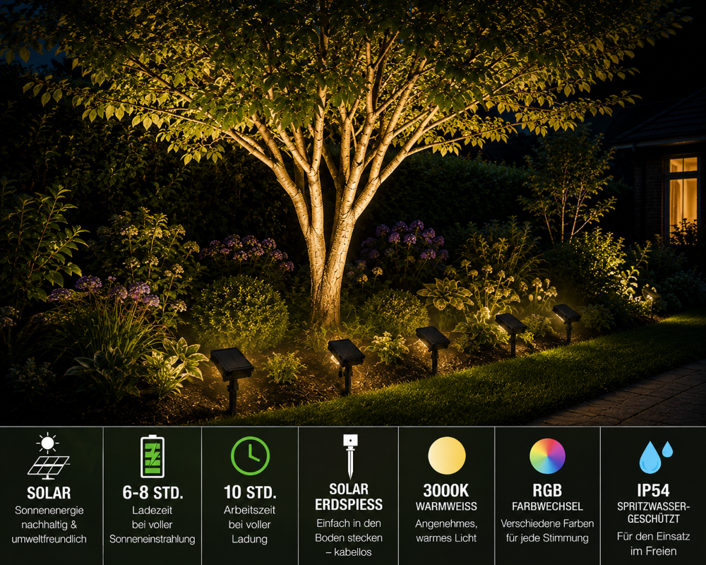Solar Gartenleuchte mit Erdspieß 1,5W RGB + 3000K Warmweiß IP65.