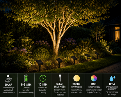 Solar Gartenleuchte mit Erdspieß 1,5W RGB + 3000K Warmweiß IP65.