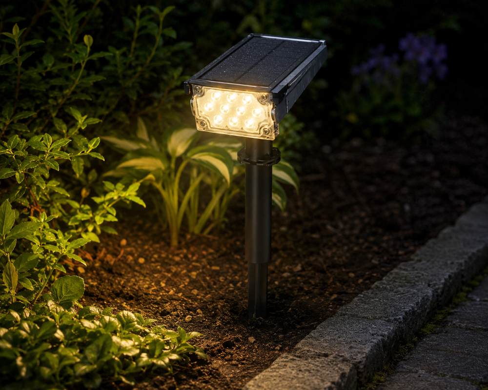 Solar Gartenleuchte mit Erdspieß 1,5W RGB + 3000K Warmweiß IP65.