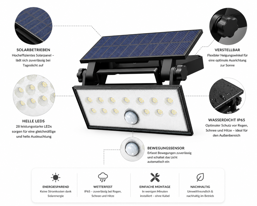 Solar Wandfluter mit Sensor – LED Außenstrahler IP65, 685 lm, Warmweiß.