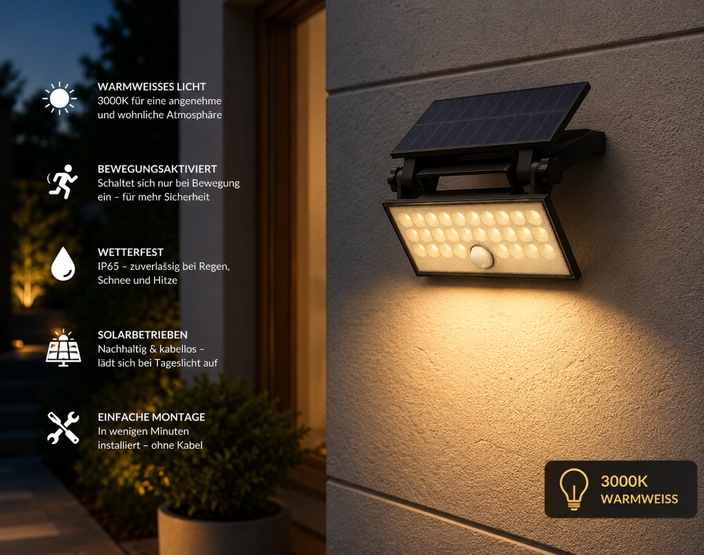 Solar Wandfluter mit Sensor – LED Außenstrahler IP65, 685 lm, Warmweiß.