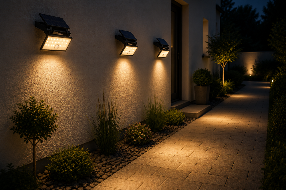 Solar Wandfluter mit Sensor – LED Außenstrahler IP65, 685 lm, Warmweiß.