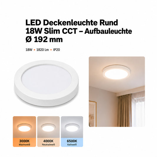 LED Deckenleuchte Rund 18W Slim CCT – Aufbauleuchte Ø 192 mm