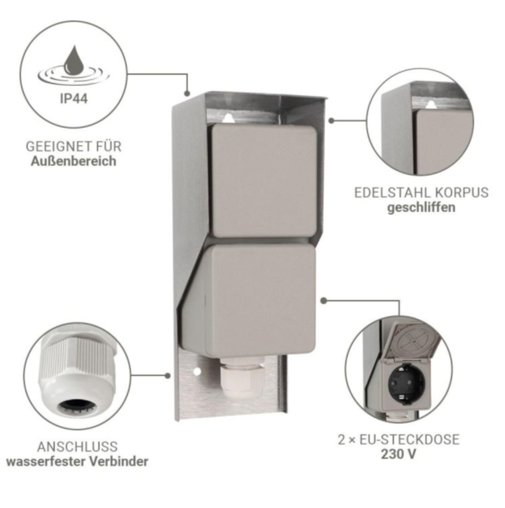 Aufputz Gartensteckdose 2-fach Edelstahl – IP44 für Außenbereich.