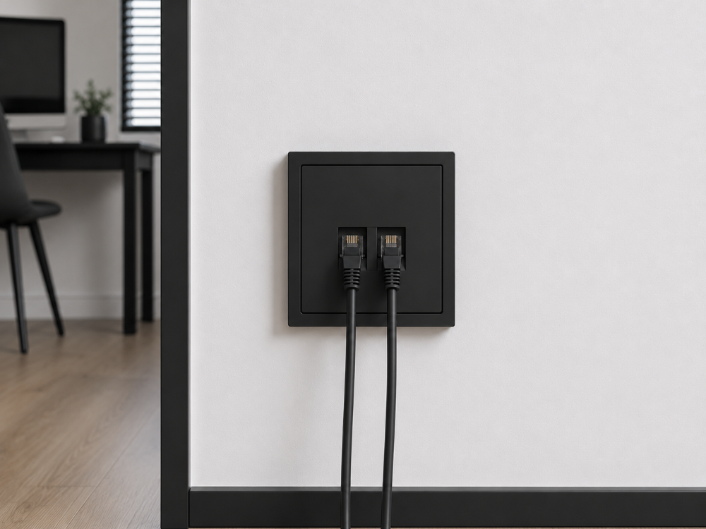 Netzwerkdose 2-fach Schwarz – Doppel RJ45 Netzwerkanschluss.