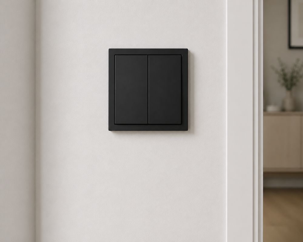 Serienschalter Schwarz – Moderner Doppel-Lichtschalter für stilvolle Elektroinstallationen.