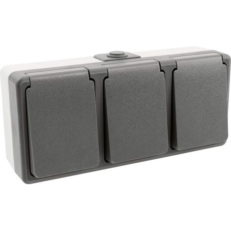Feuchtraum Dreifachsteckdose Aufputz IP44 – Grau 250V / 16A.