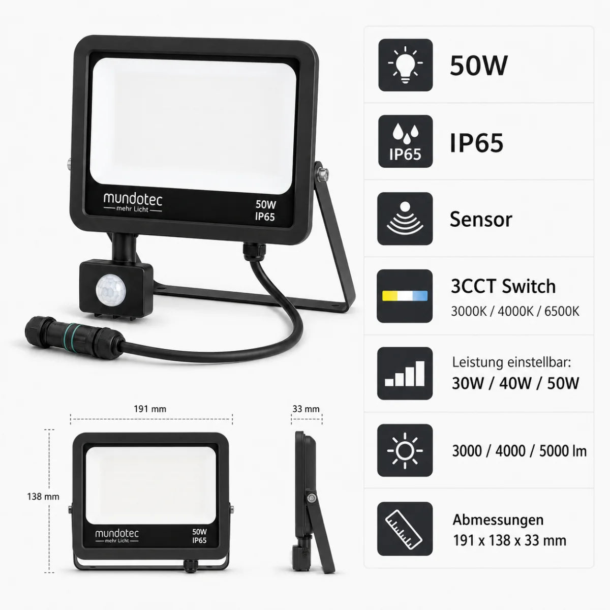 LED Flutlichtstrahler mit Bewegungsmelder 30W/40W/50W – CCT 3000K/4000K/6500K, IP65 Außenstrahler.