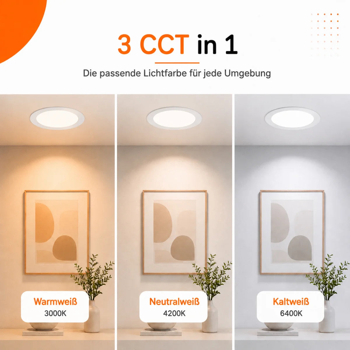 LED Einbaupanel Rund 12W Dimmbar CCT – 1120 Lumen, Ø 15,5 cm, 3000K/4000K/6500K.