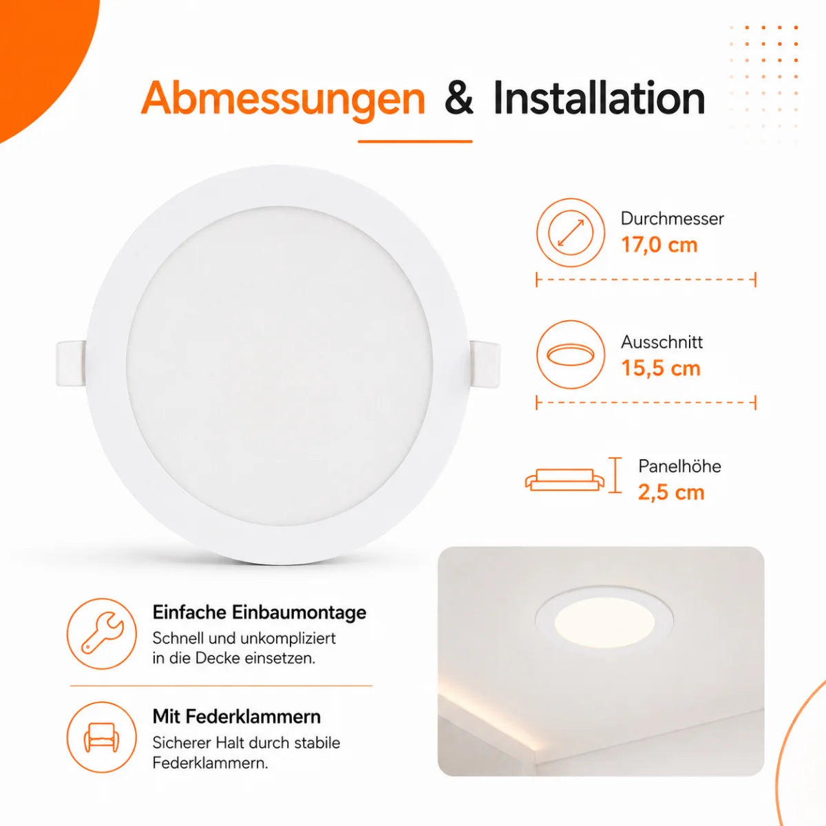 LED Einbaupanel Rund 12W Dimmbar CCT – 1120 Lumen, Ø 15,5 cm, 3000K/4000K/6500K.